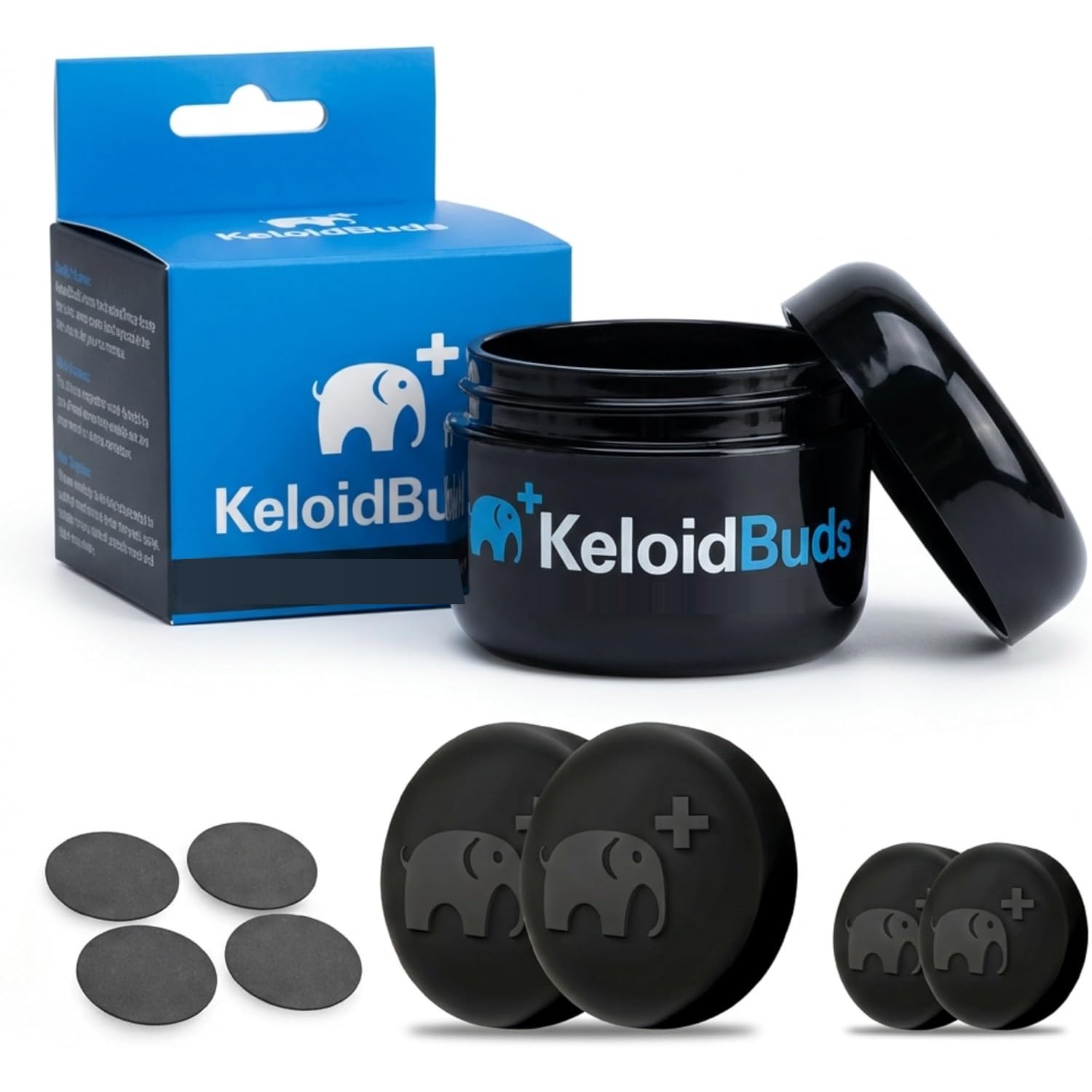 Keloid Buds box, storage jar, four magnetic discs and four comfort pads